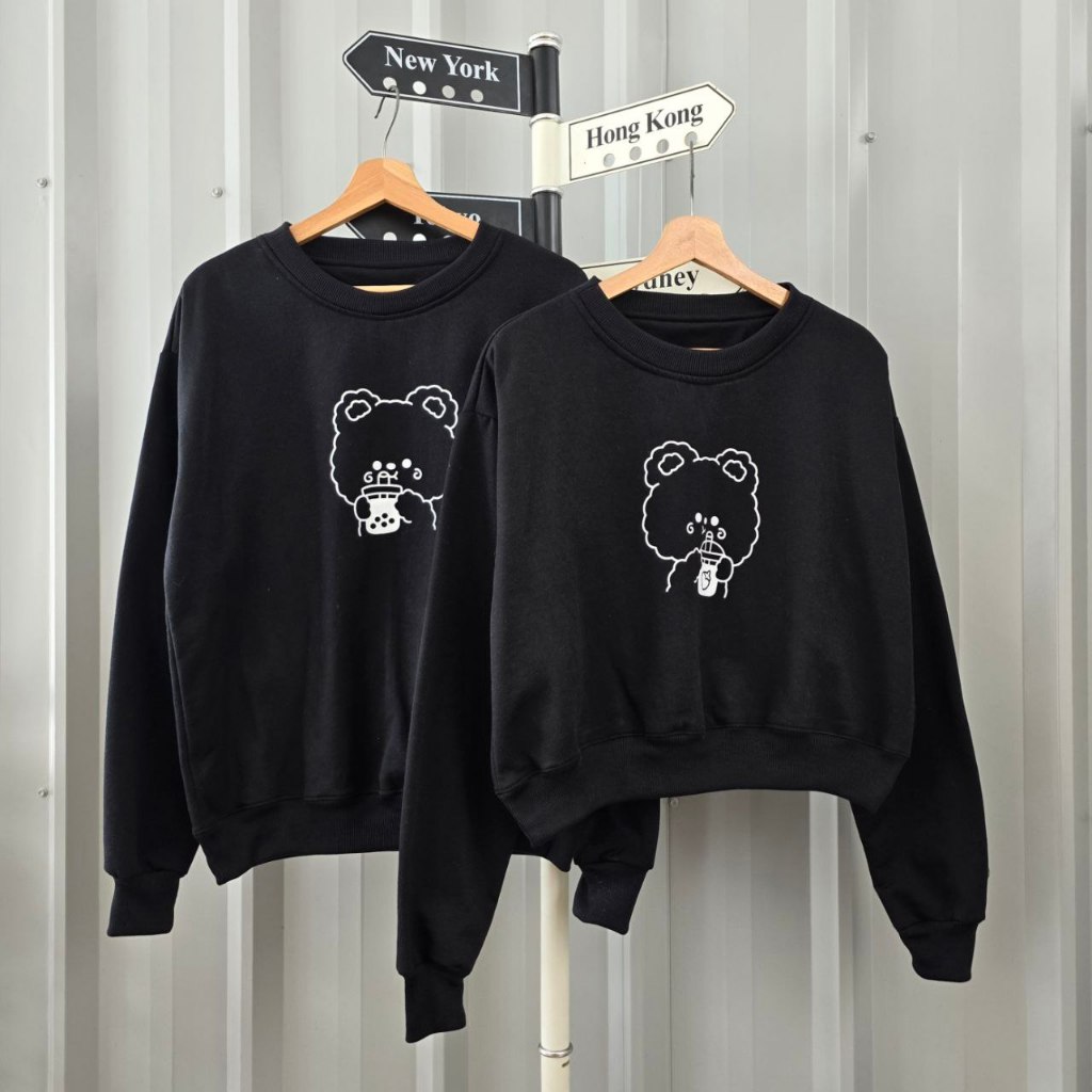 (isi 2 pcs) jaket couple pasangan black boba bears / jaket pasangan pacar / sweater hoodie couple