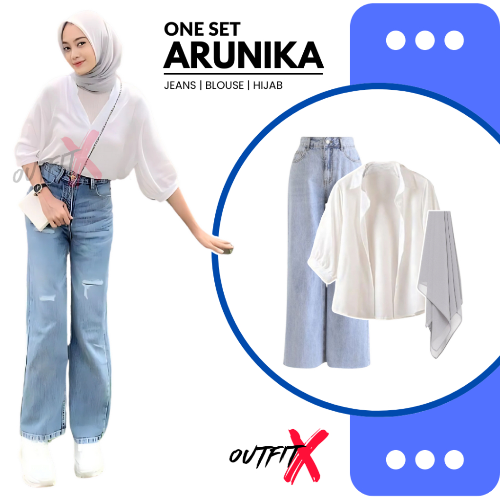 Outfit OOTD Wanita Kekinian Korea Style One Set Arunika Jeans Blouse Hijab Setelan Kampus