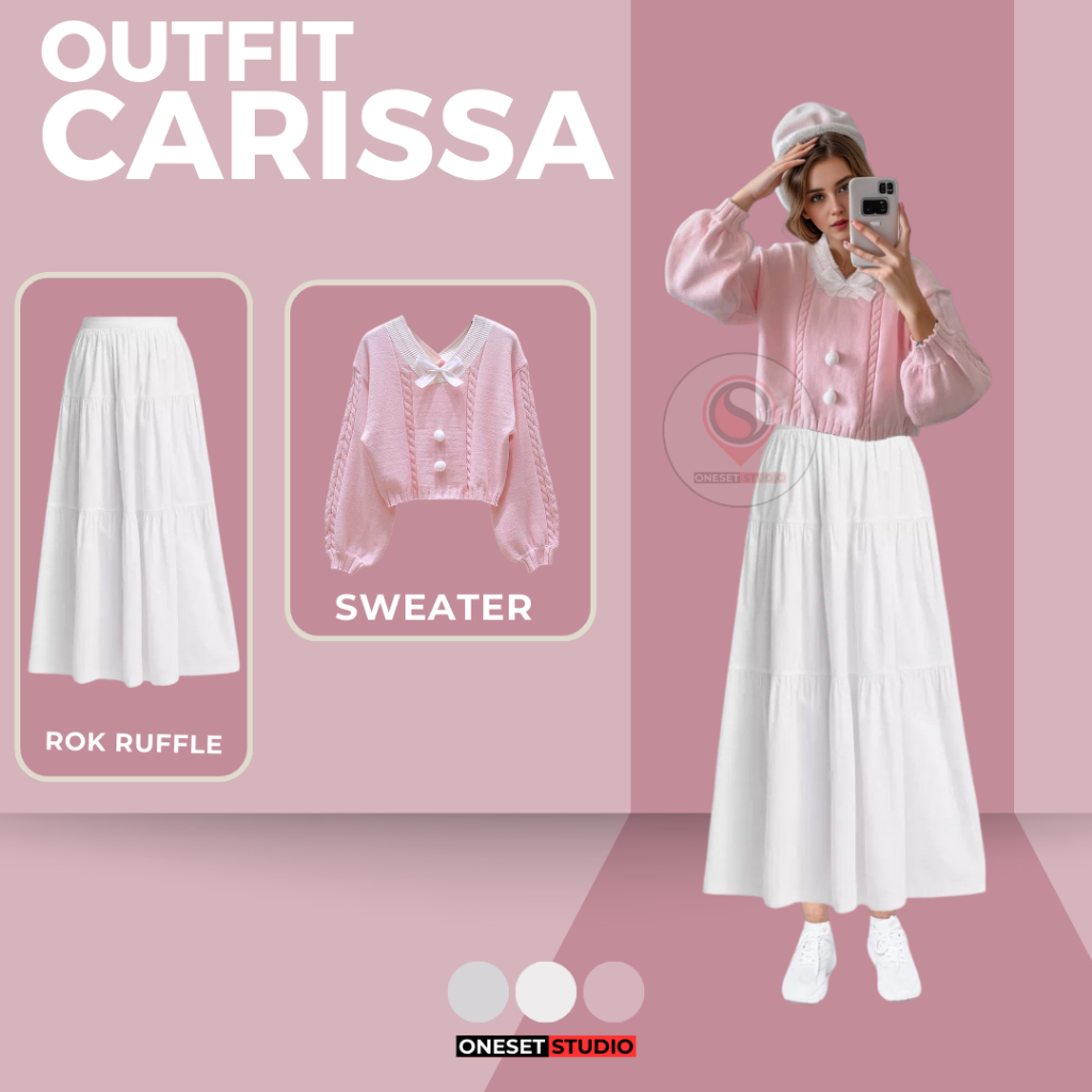 One Set Wanita Setelan Hangout (Sweater Rajut + Rok Ruffle) OOTD Korean Style Kekinian CARISSA