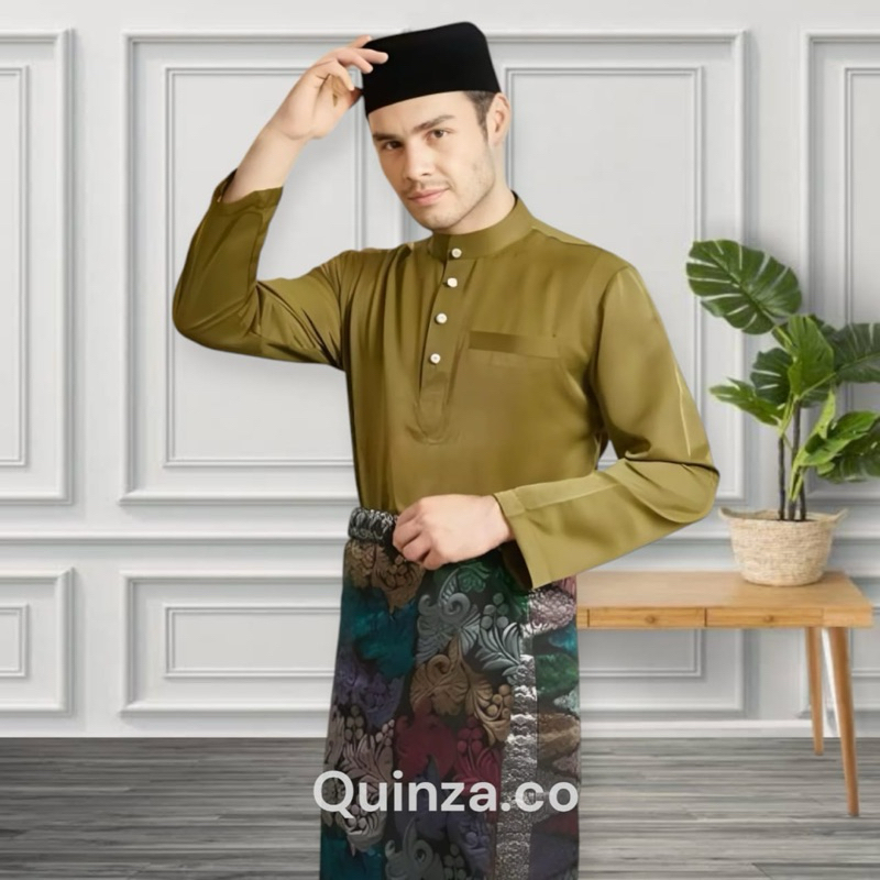 Setelan Baju Melayu Pria Teluk Belanga Bahan Katun Toyobo Warna Olive Katun Satu Set Cekak Musang Pa