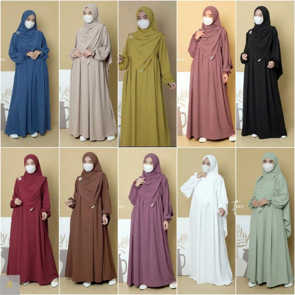 Elena Gamis Set Hijab Syari Pashmina Oval Crinkle Airflow Premium - Gamis Muslimah Lebaran Terbaru