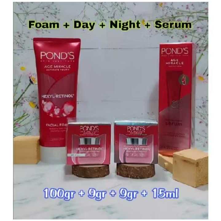 Paket Mini Glowing PONDS Age Miracle Anti Aging Youtful Glow Day Cream 9gr + Night Cream 9gr + Serum