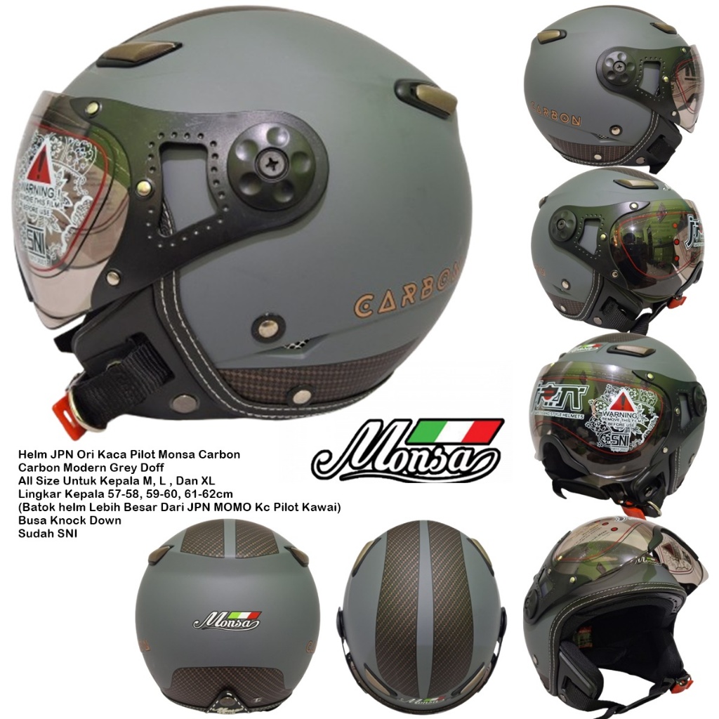 Helm Bogo Dewasa Retro Klasik Kaca Pilot Riben JPN Monsa Carbon Modern Titanium Gorilla Grey Abu Dof