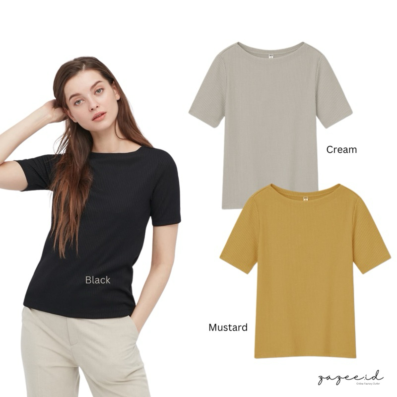 GU Uniqlo Flat Neck Ribbed Top Atasan Ribbed Knit Wanita Melar Atasan Kaos Ribbed Wanita Kaos Wanita