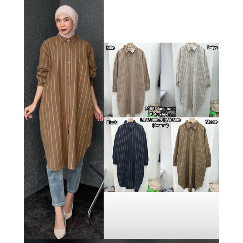 Long Stripe Tunik Wanita Bahan Linen Premium / Long Tunik Salur Wanita Motif Garis Kekinian Tunik Li