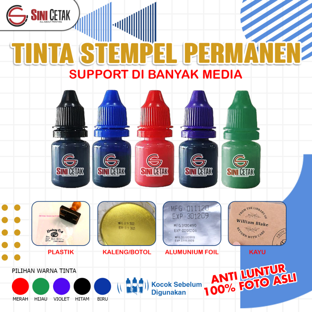 

TINTA PERMANEN | TERMURAH!!! TINTA STEMPEL PERMANEN, Cup, sterofoam, plastik, kaleng, alumunium foil,kayu