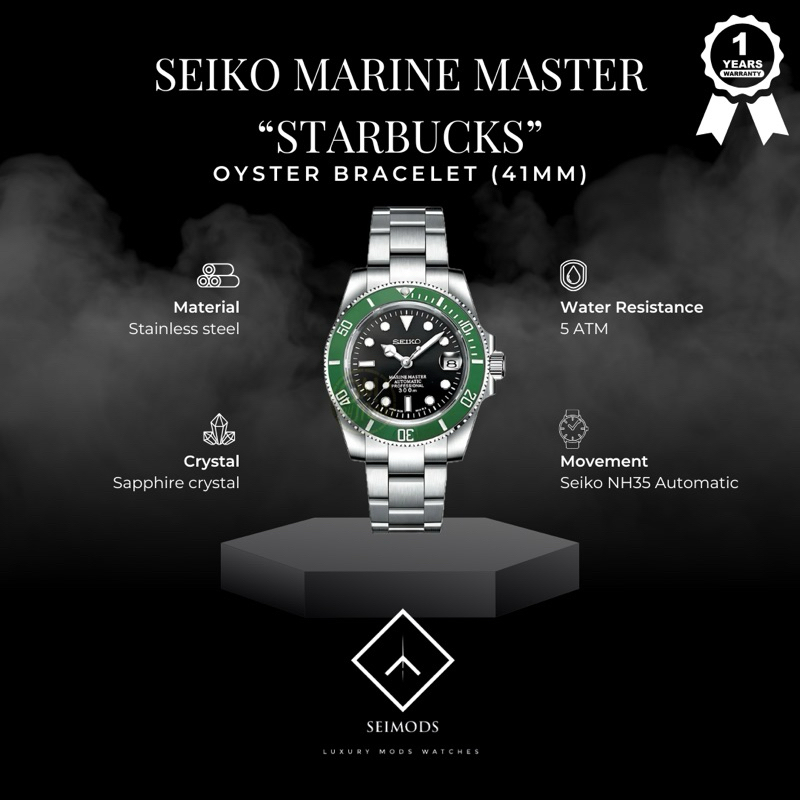 Jam Tangan Seiko Mod Submariner NH35 Automatic Starbucks Green Hulk Rubber Seikolex