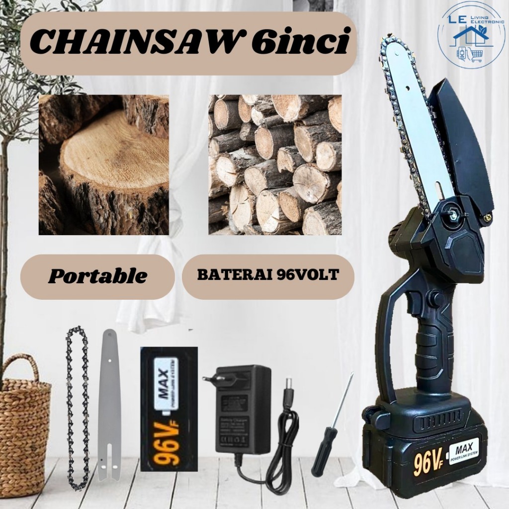 Istore Mesin Gergaji Rantai Portable 4 inch Baterai 96VF Alat Perkakas Tukang Gergaji Set Lengkap