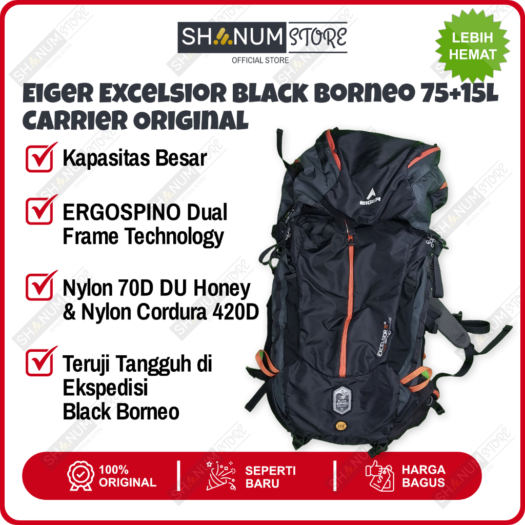 Eiger Excelsior Black Borneo 75+15L Carrier Original – Tas Gunung Premium, Kondisi Terawat