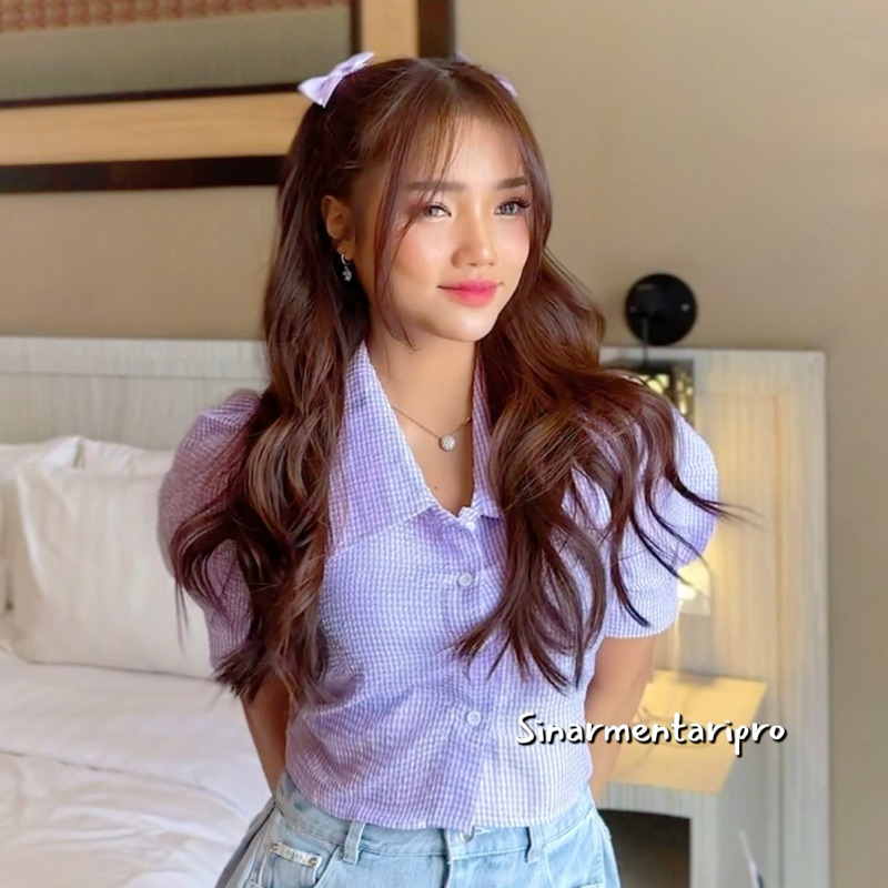 LOLLY TOP - FUJI Crop Top Baju Wanita Katun Tangan Balon Puffy Puff Kerah Lebar Kancing Karet Belaka