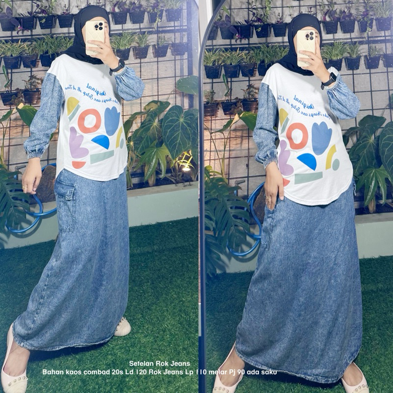 Oneset Rok Jeans Kombinasi Kaos Combed Premium Setelan Rok Wanita