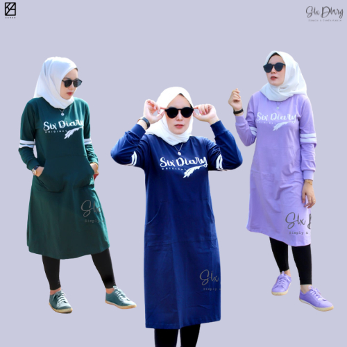 Six Diary Long Tunik Kaos Wanita  Long Tunik List Belah Pinggir Saku Doraemon SixDiary Motif Bulu
