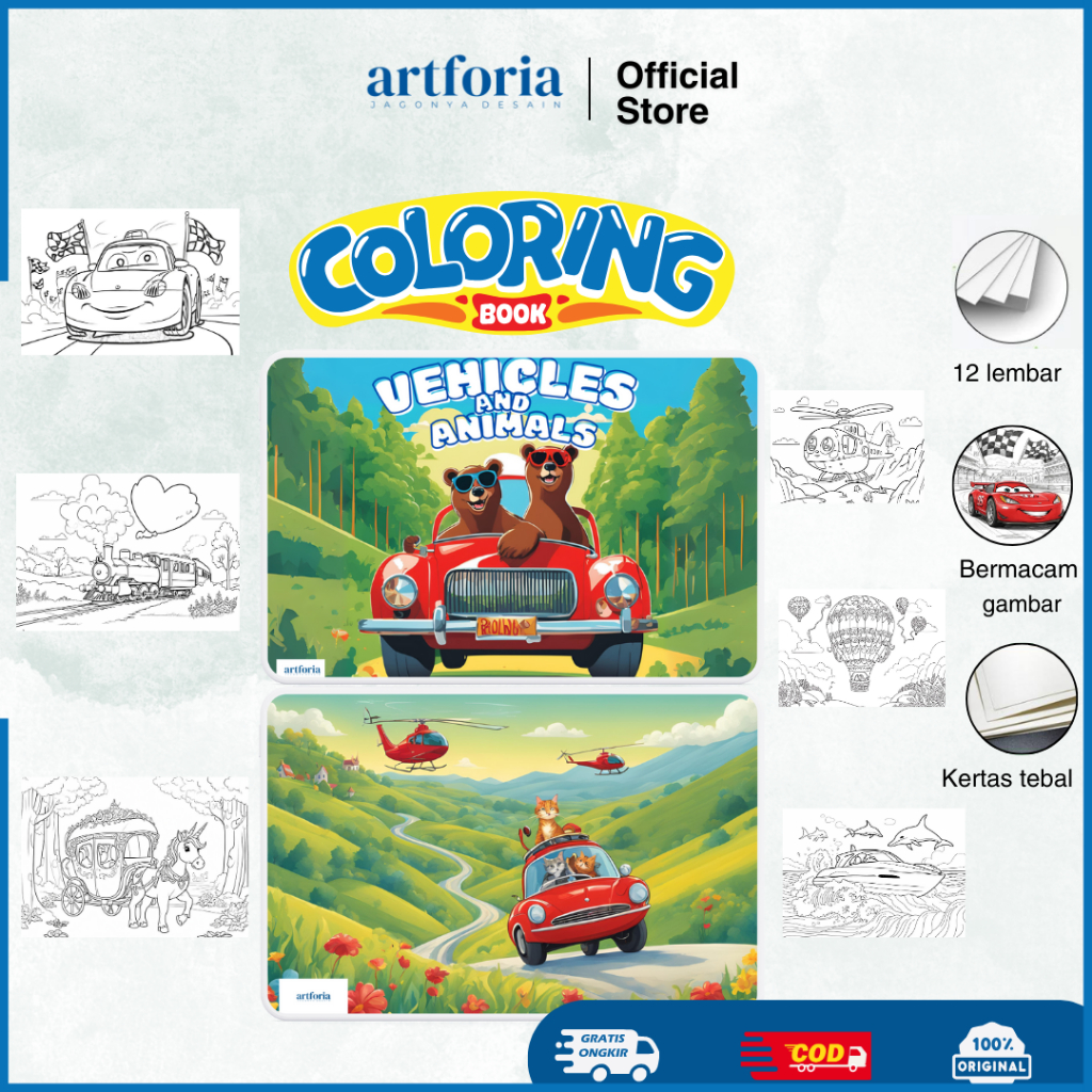 

Artforia Children Coloring Book / Buku Mewarnai Anak 12 Lembar Kertas 120G Animals & vehicles