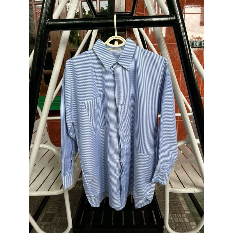 Baju Kemeja Wanita Lengan Panjang Stripes All Size Warna Biru Pastel by Mochidoobie Original