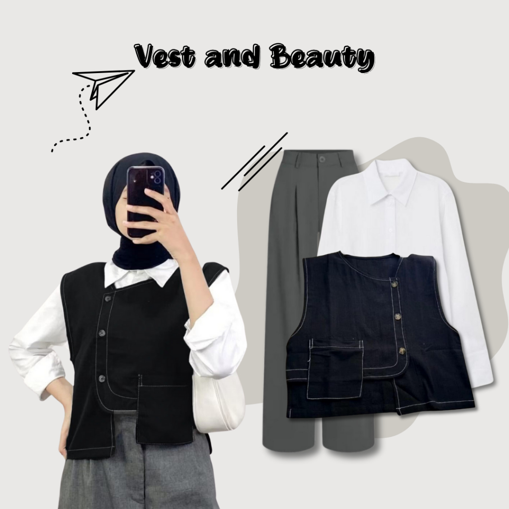 One Set Rok Korean Style Terbaru - Vest Asimetris Hitam + Kulot Highwaist + Kemeja Putih |RD085|