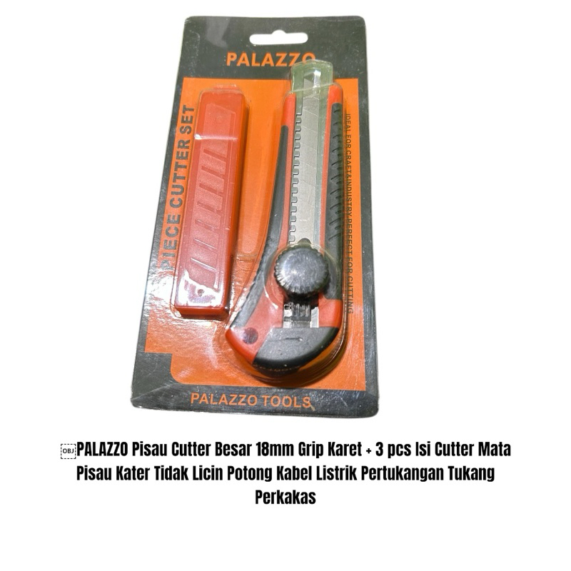 

PALAZZO Pisau Cutter Besar 18mm Grip Karet + 3 pcs Isi Cutter Mata Pisau Kater Tidak Licin Potong Kabel Listrik Pertukangan Tukang Perkakas
