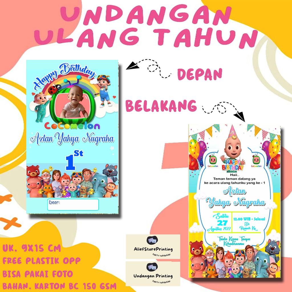 Undangan Ultah COCOMELON 2   (30 PCS / 50 PCS ) Undangan Ulang tahun Anak dan dewasa Free Design dan