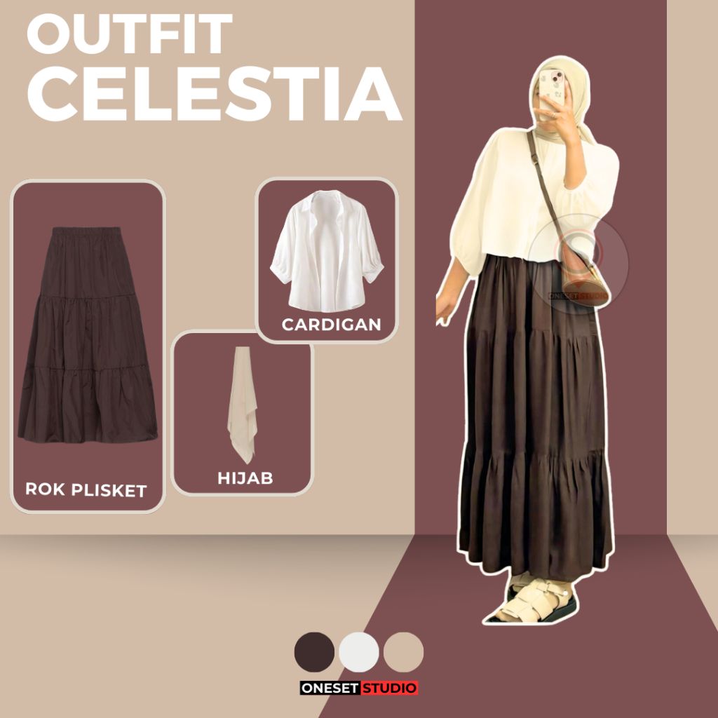 One Set Wanita Setelan Kampus (Blouse + Rok Susun + Hijab) OOTD Korean Style Kekinian CELESTIA