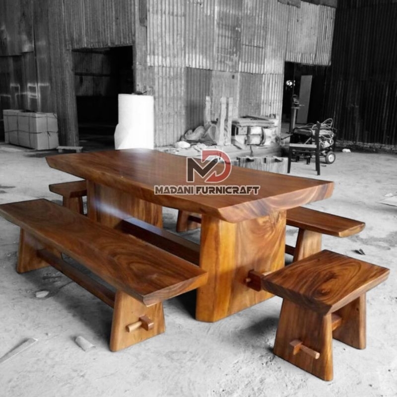SET MEJA MAKAN 150CM KAYU TREMBESI SOLID