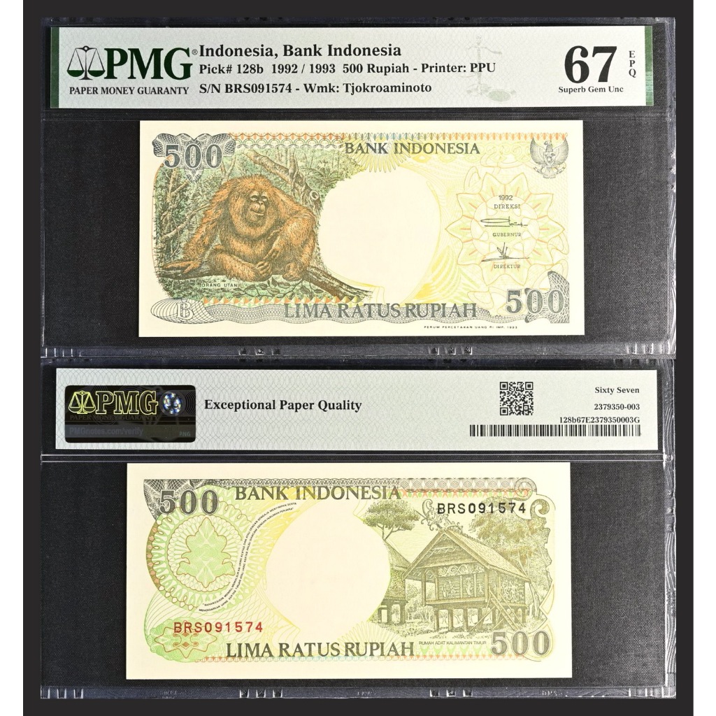 Uang kuno PMG 67 EPQ - 500 rupiah tahun 1992 Orang Utan/Monyet S/N → BRS091574