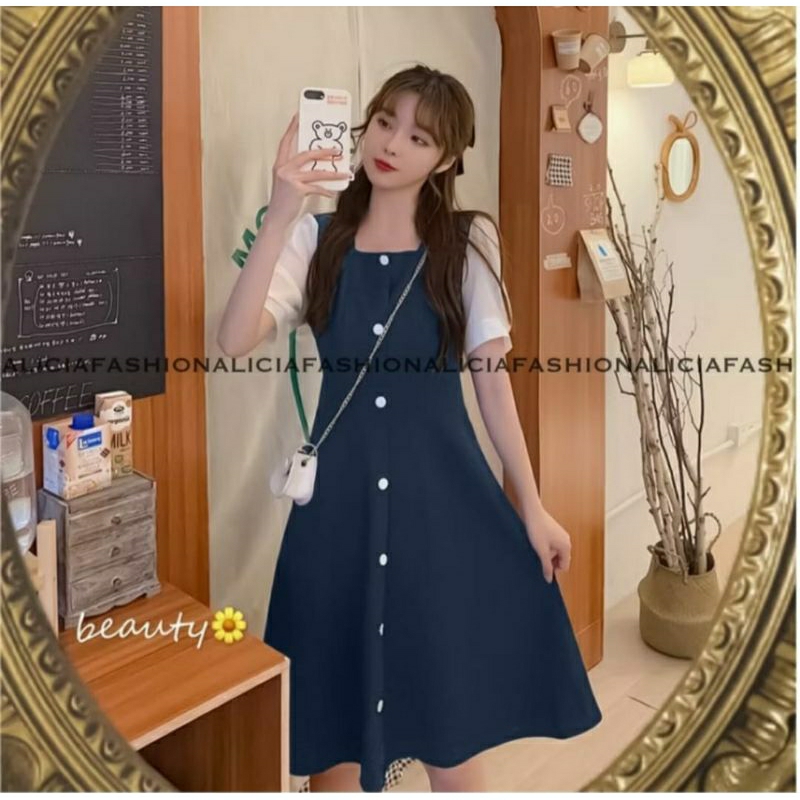 Monica dress wanita korea midi dress full kancing