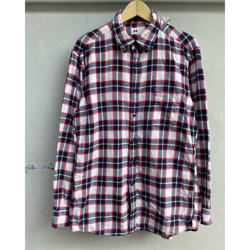 Kemeja Flannel Uniqlo Putih Hitam Merah White Red Black Shirt