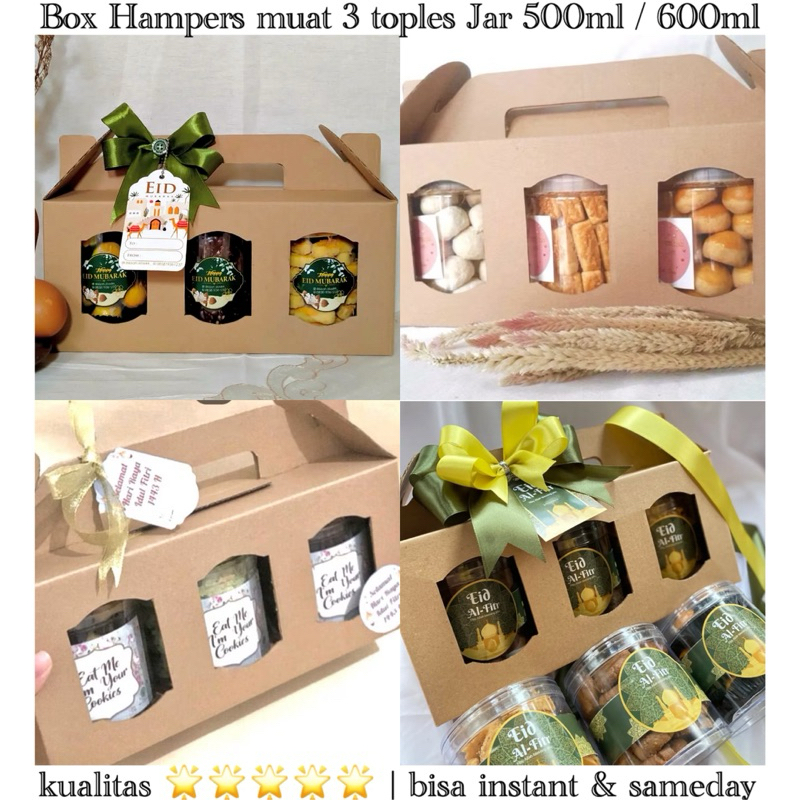 

Box Hampers Tebal Kotak muat 3 toples tabung jar 500 ml / 600 ml (FREE KARTU IDUL FITRI) box toples kue kering / dessert jar 500 ml jar 600 ml kotak handle 28x10x11cm