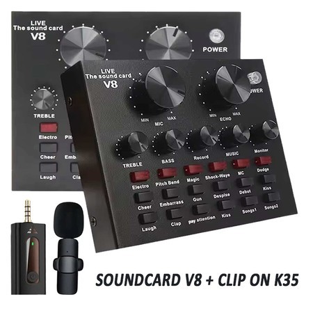 ONEGPLUS - Paket Soundcard V8 + Wireless Clip On K35 Live Streaming