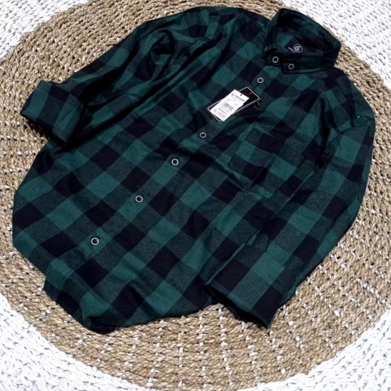 kemeja flanel lengan panjang unisex motif abu garis terlaris