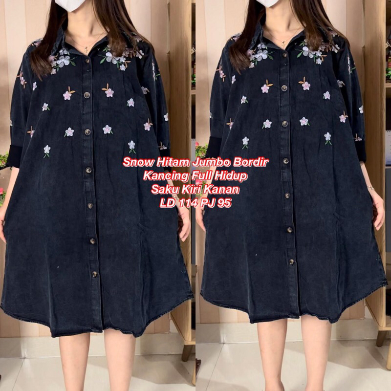 DRESS/TUNIK JEANS JUMBO BORDIR LD 114 BAHAN JEANS PREMIUM TIDAK KAKU