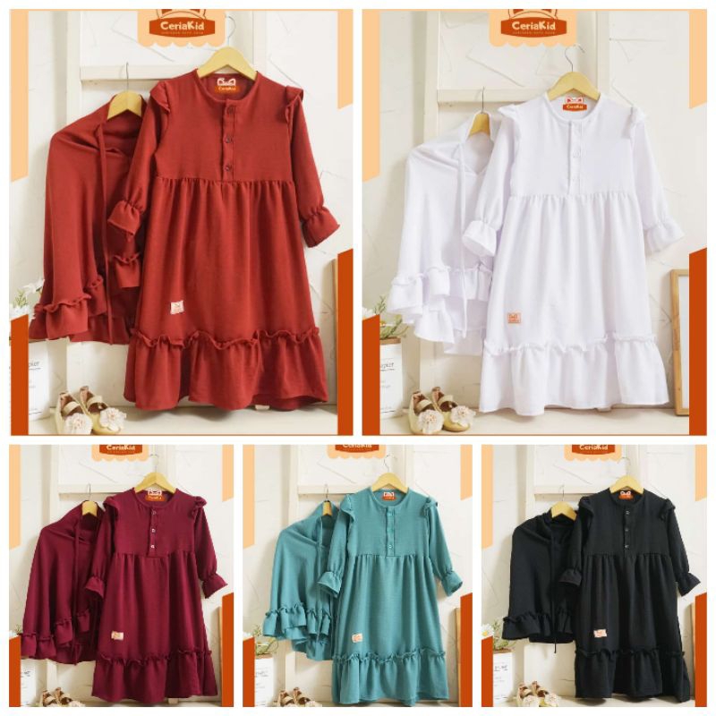 ( 3 - 8 Tahun) Gamis Set Hijab Anak Perempuan Bahan Crincle Grade A Adem dan Nyaman Warna Putih Hita