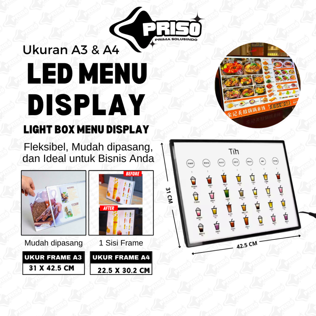 

Priso Led Menu Display Size A3 & A4 Bisa POTRAID & LANDSCAPE