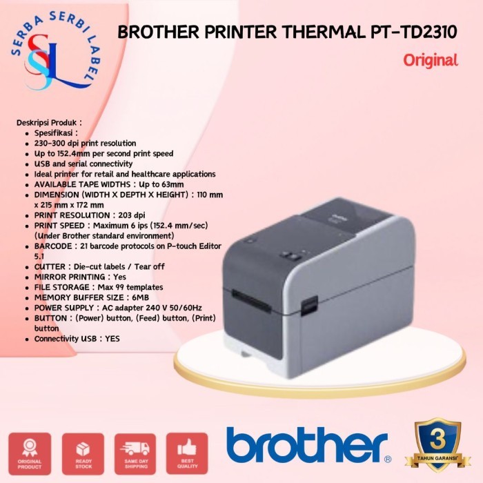 Brother TD2310D Printer Label TD-2310D Replacement TD-2020 Original Garansi Resmi