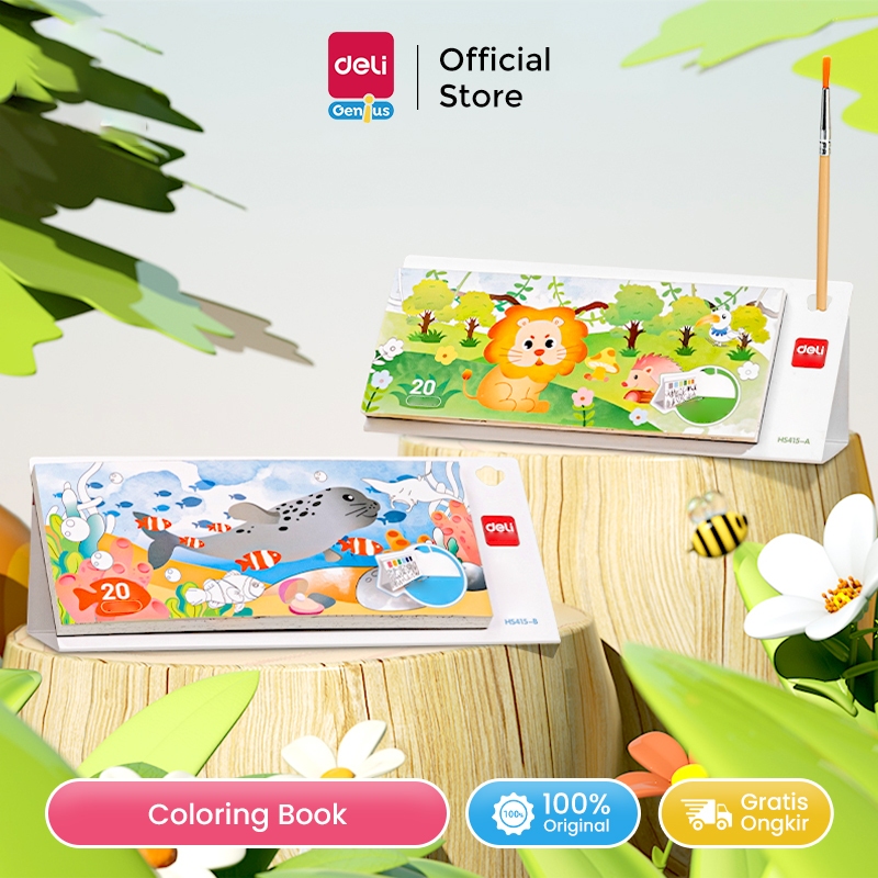 

Deli Genius Set Paket Melukis / Buku Mewarnai Cat Air Anak 20 Lembar Gratis Kuas HS415