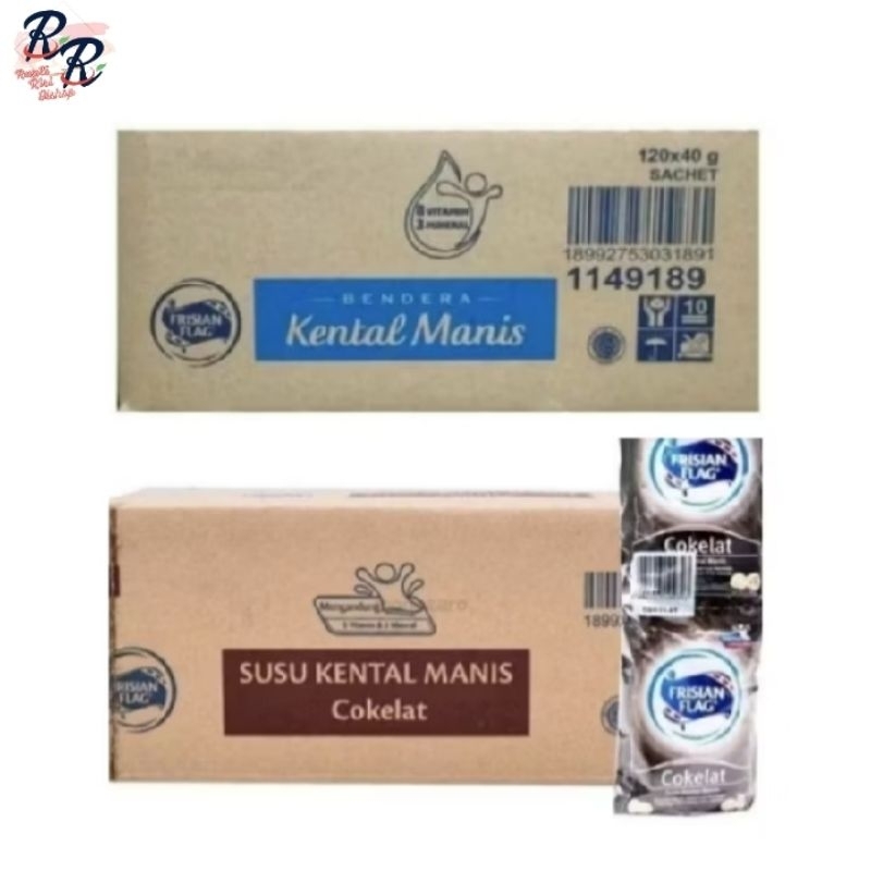 

SUSU BENDERA SACHET/SASET | FRISIAN FLAG SACHET PUTIH & COKLAT 1 DUS ISI 20 PACK (120x38g)