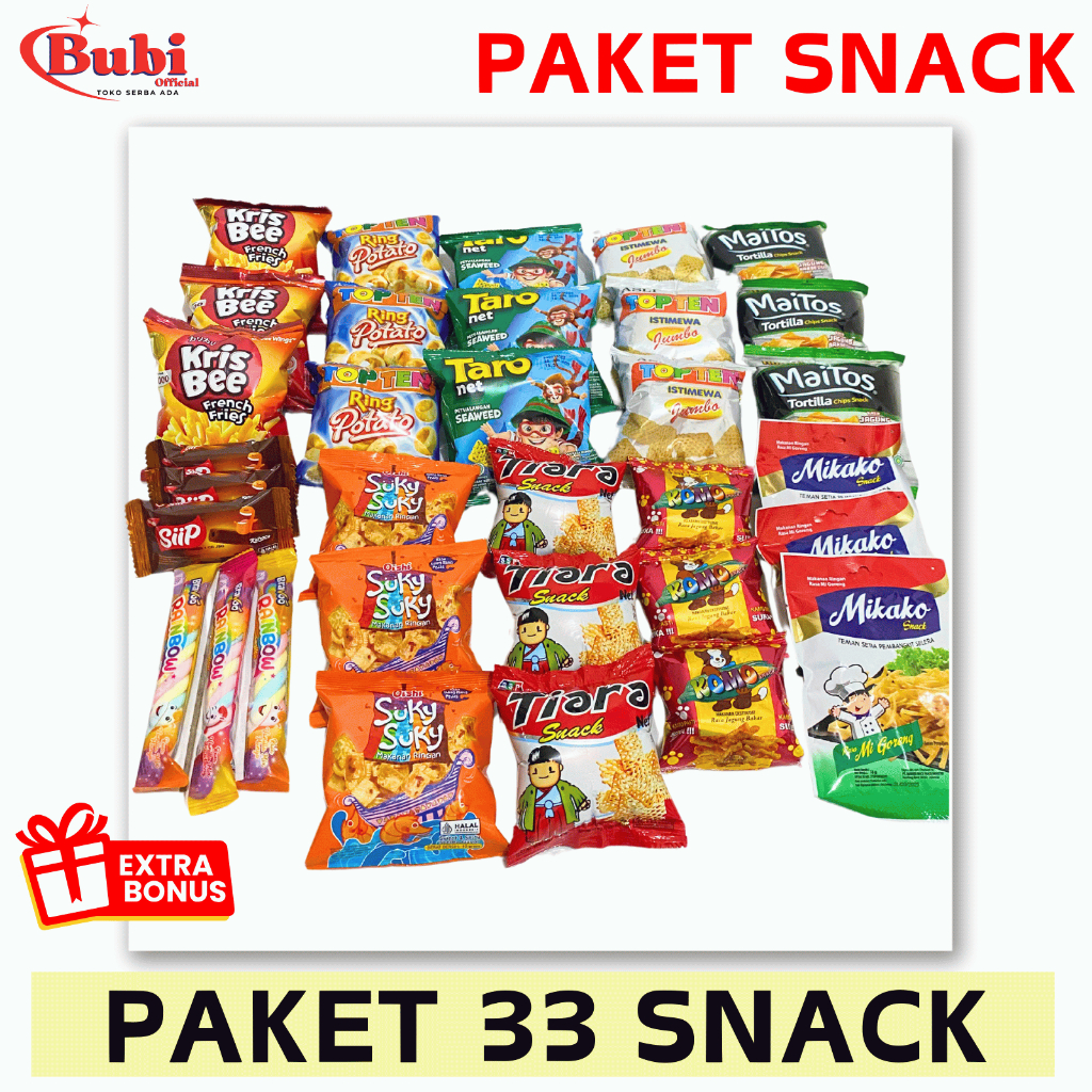 

PAKET SNACK ISI 33 pcs | PAKET JAJANAN ANAK | SNACK MURAH | DAPAT HADIAH