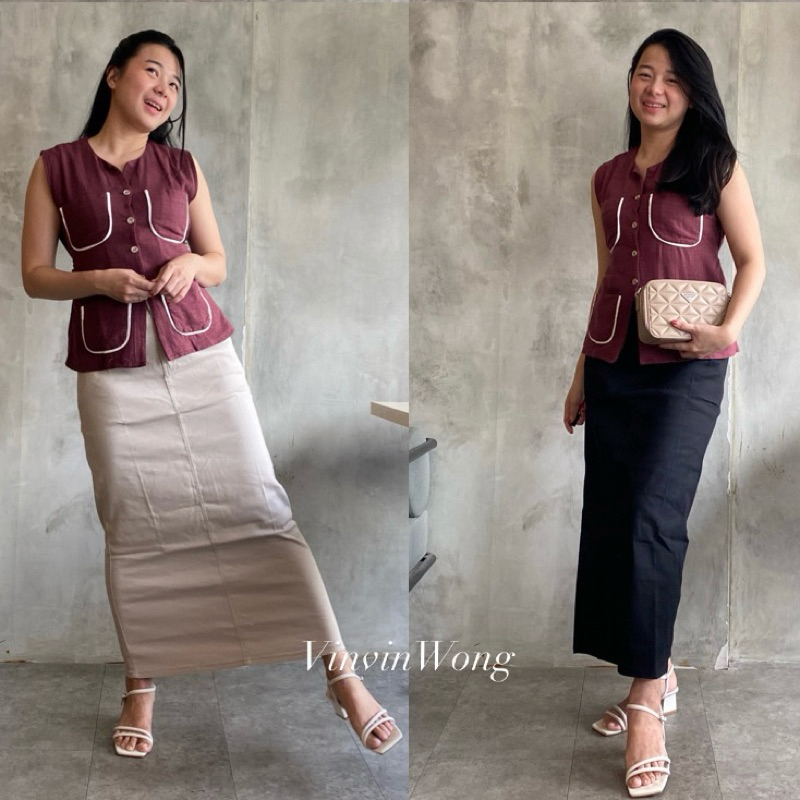 VinvinWong Rok Span Kantor Katun Twill - pinggang karet