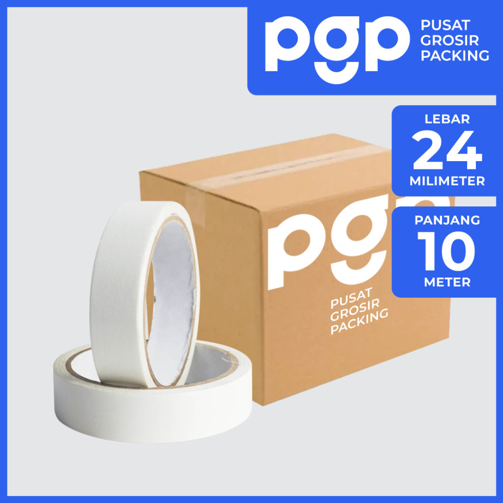 

Double Tape Kertas 24mm x 10 Meter | 1 Dus Isi 144 Pcs/Roll | Lakban Murah Berkualitas