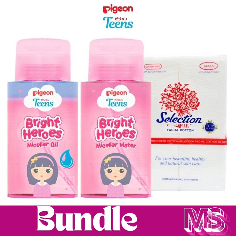 PIGEON TEENS paket Bundling Bright Heroes Micellar Water Oil 100ml Kapas Kecantikan