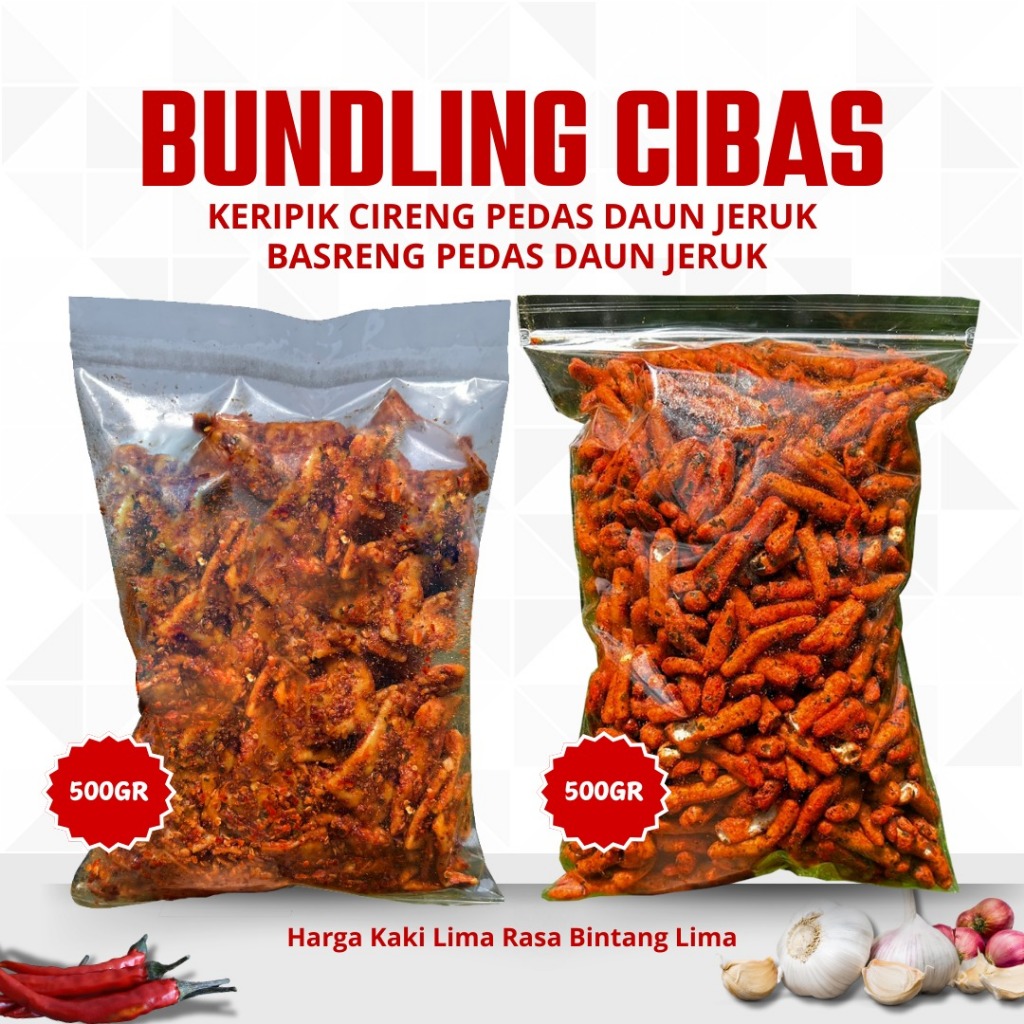 

Bundling Cibas (Keripik Cireng Pedas Daun Jeruk 500gr / Basreng Pedas Daun Jeruk 500gr)