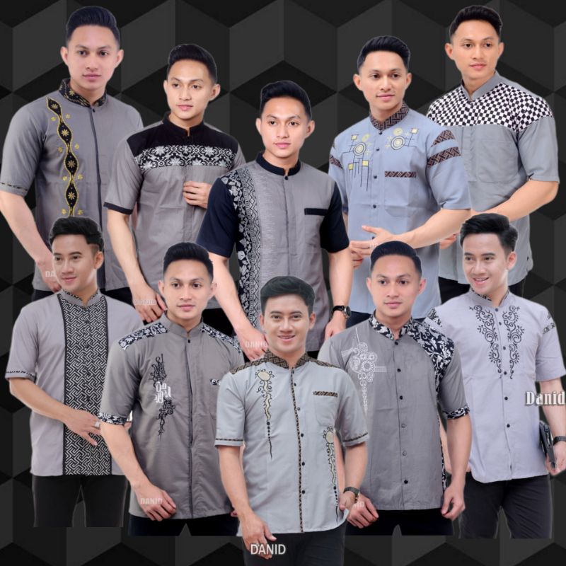 Baju Koko Pria Premium Lengan Pendek Kombinasi Bordir Mix Batik Warna Abu-abu/ Silver/ Grey Edisi Ba