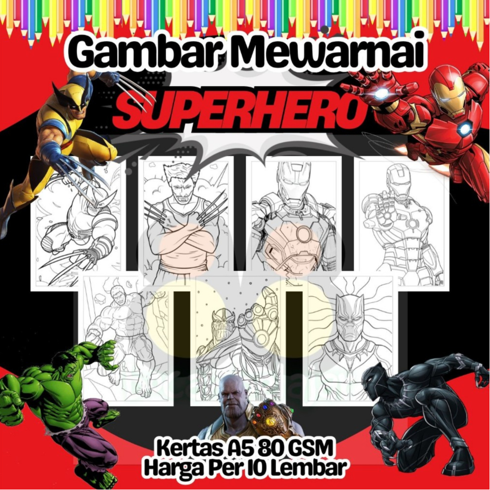 

10 Lembar Kertas A5 Gambar Mewarnai Tema SUPERHERO HULK BLACKPANTHER IRONMAN WOLVERINE THANOS Termurah - Anak Anak TK SD PAUD Remaja