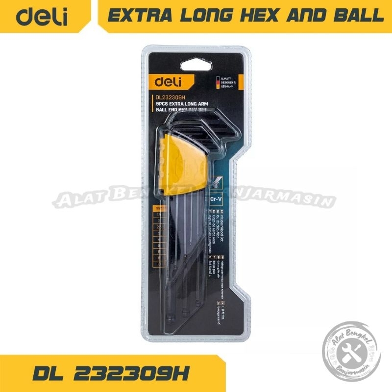 KUNCI L HITAM BP SET EXTRA PANJANG "DELI" 9PCS ||KUNCI L BALL POINT SET 9PCS