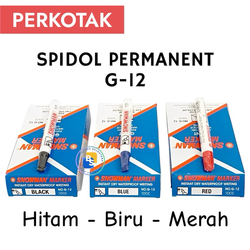 

12 Pcs- Spidol PERMANENT Marker Snowman G-12 Hitam Merah Biru