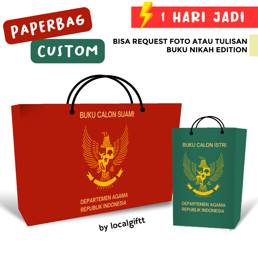 

Paperbag Custom Buku Nikah Edition | Bisa request foto dan tulisan | Paperbag custom | Paperbag lucu | Paperbag Foto | Tas Custom