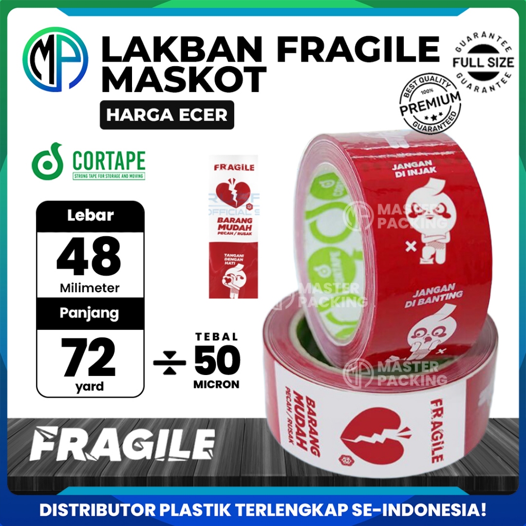 Lakban / Selotip / OPP Tape Printing Fragile Maskot Lucu 2inch 48mm x 72yard Cortape Harga Satuan