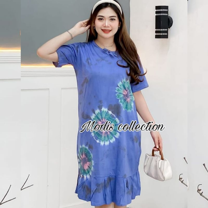 daster kaos pelangi bahan kaos tebal halus dingin molor motif Tie dye kombinasi sembur abstrak warna