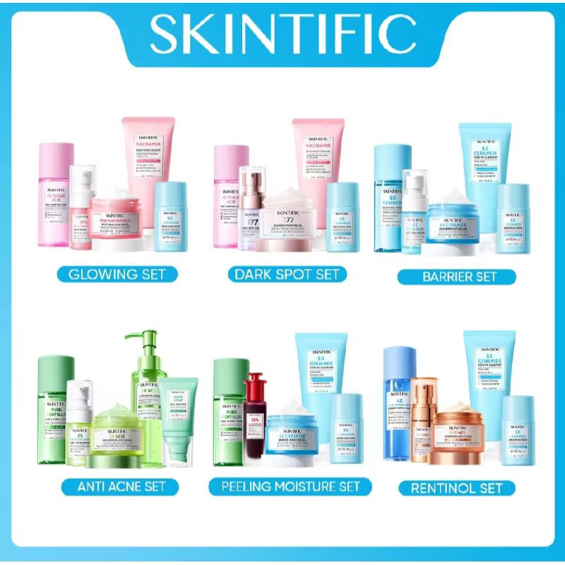SKINTIFIC 5pcs Paket-Skincare Set | Moisturizer+Serum +Toner+ Sunscreen+ Cleanser paket lengkap Seru
