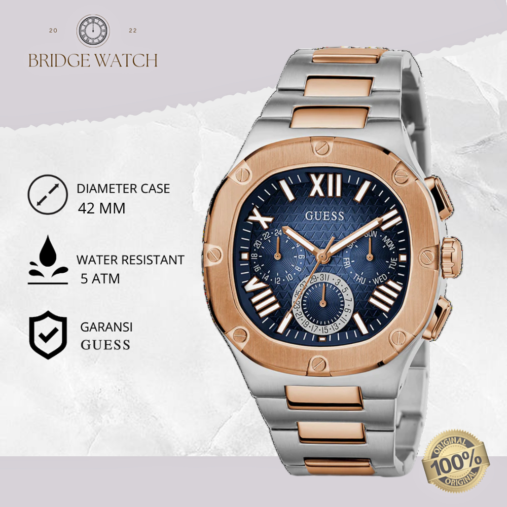 Jam Tangan Pria Guess GW0572G4 Gunmetal 2-Tone Silver Rosegold Stainless Steel Chronograph Sporty Me