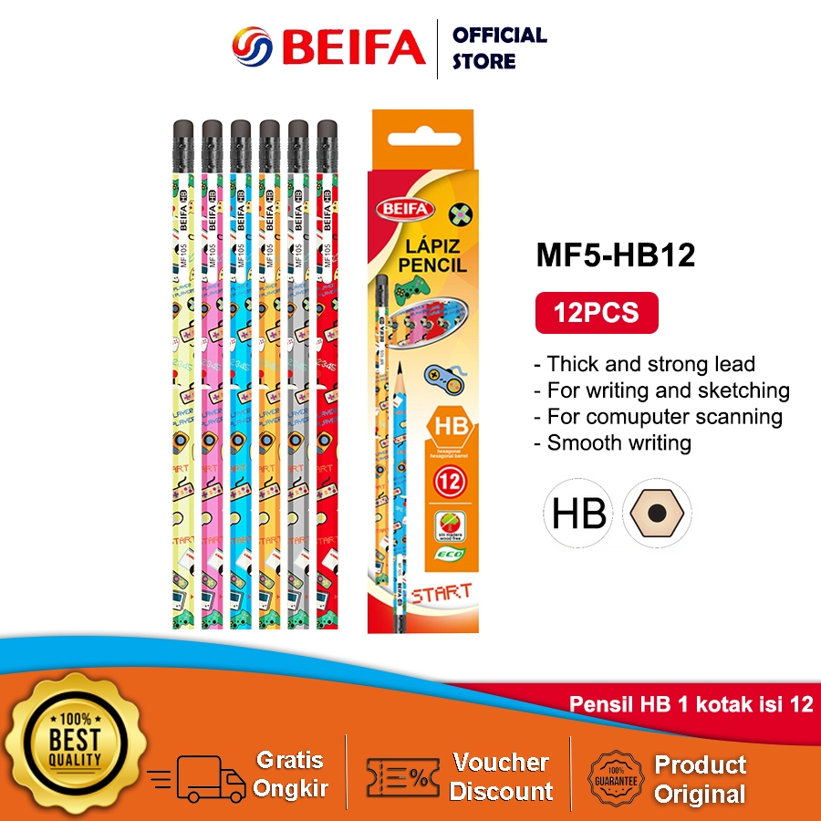 

Beifa Pensil HB dengan penghapus 12 pcs Motif Lucu MF5